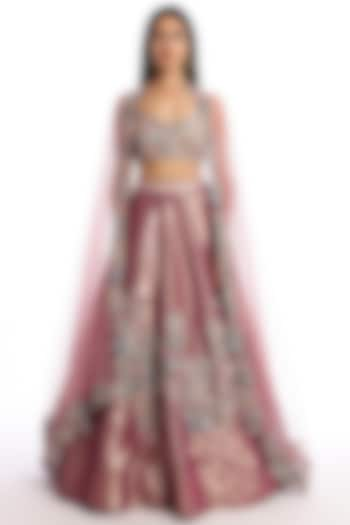 Wine Tissue Applique Embellished Bridal Lehenga Set by Aisha Rao at Pernia's Pop Up Shop