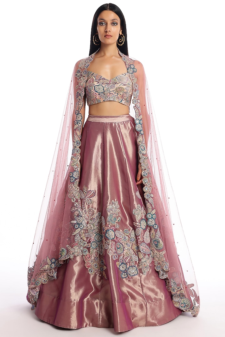 Wine Tissue Applique Embellished Bridal Lehenga Set by Aisha Rao at Pernia's Pop Up Shop