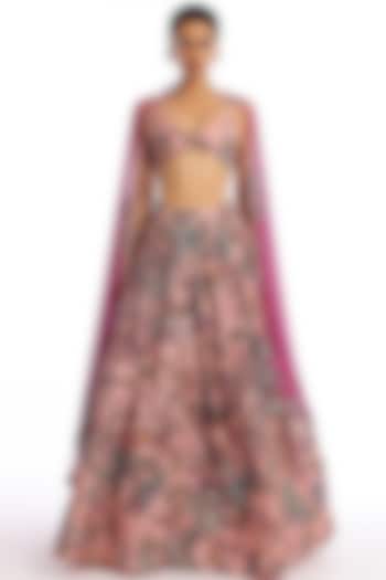 Old Rose Organza Printed Applique Embellished Bridal Lehenga Set by Aisha Rao at Pernia's Pop Up Shop