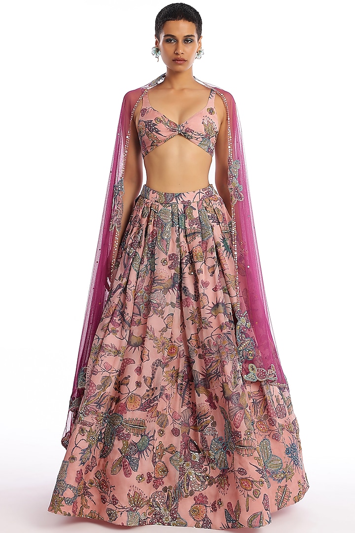 Old Rose Organza Printed Applique Embellished Bridal Lehenga Set by Aisha Rao at Pernia's Pop Up Shop