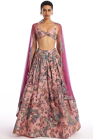 Old Rose Organza Printed Applique Embellished Lehenga Set by Aisha Rao