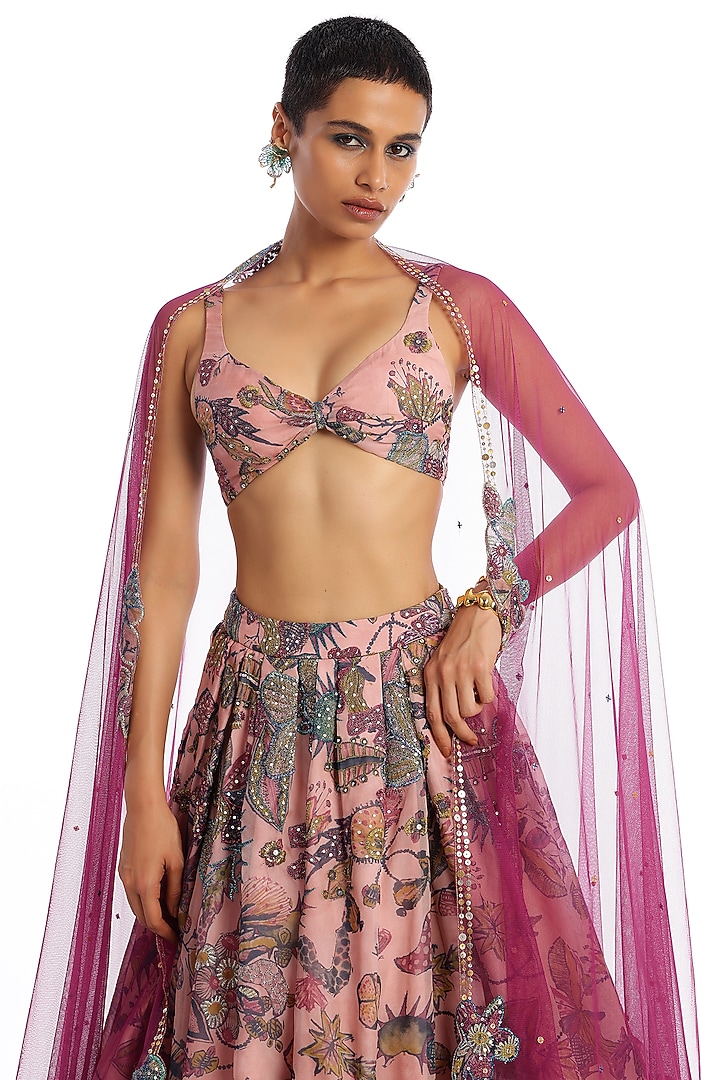 Old Rose Organza Printed Applique Embellished Bridal Lehenga Set by Aisha Rao at Pernia's Pop Up Shop