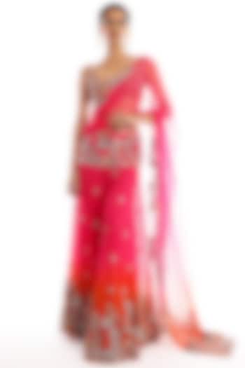 Fuchsia & Tangerine Tulle Applique Embellished Bridal Lehenga Saree Set by Aisha Rao at Pernia's Pop Up Shop