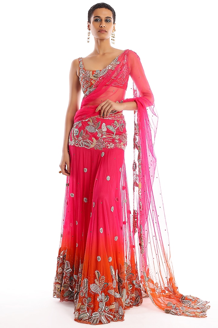 Fuchsia & Tangerine Tulle Applique Embellished Bridal Lehenga Saree Set by Aisha Rao at Pernia's Pop Up Shop