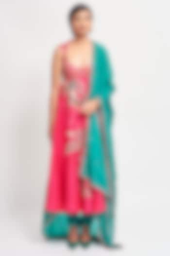 Cerise Pink Habutai Silk Applique Embellished Bridal Anarkali Set by Aisha Rao at Pernia's Pop Up Shop