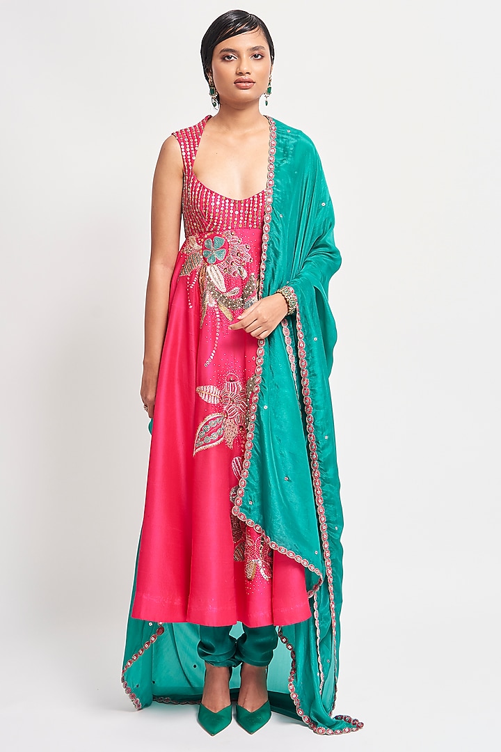 Cerise Pink Habutai Silk Applique Embellished Bridal Anarkali Set by Aisha Rao at Pernia's Pop Up Shop