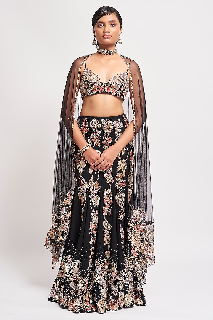 Black Georgette Applique Embellished Fish-Tail Bridal lehenga for 22 Lehenga Set by Aisha Rao at Pernia's Pop Up Shop