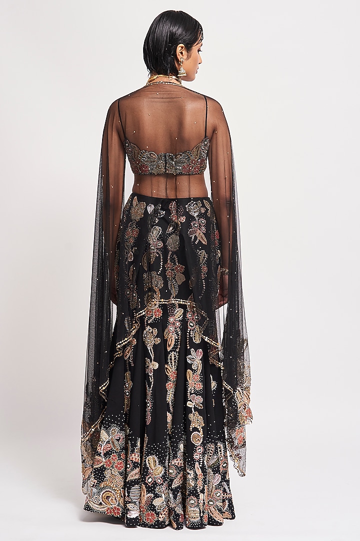 Black Georgette Applique Embellished Fish-Tail Bridal Lehenga Set by Aisha Rao at Pernia's Pop Up Shop