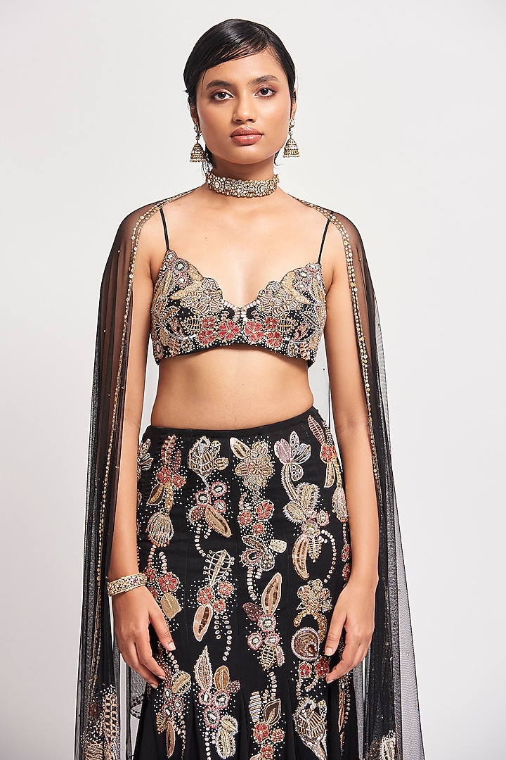Black Georgette Applique Embellished Fish-Tail Bridal Lehenga Set by Aisha Rao at Pernia's Pop Up Shop