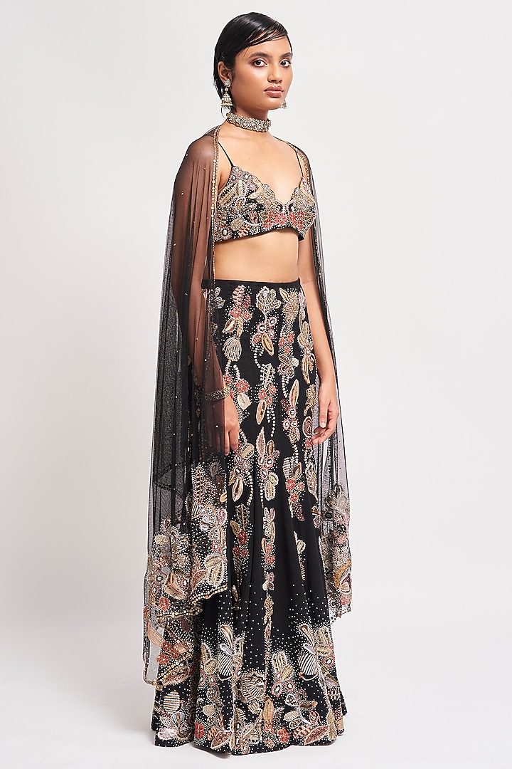 Black Georgette Applique Embellished Fish-Tail Bridal Lehenga Set by Aisha Rao at Pernia's Pop Up Shop