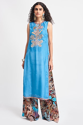 Azure Blue Habutai Silk Applique Embellished Kurta Set by Aisha Rao