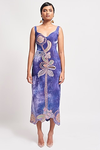 Lavender Velvet Applique Embellished Gown by Aisha Rao