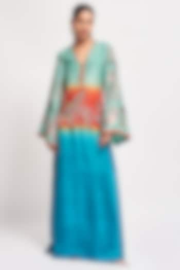 Capri Blue Ombre Habutai Silk Applique Embellished Gown by Aisha Rao