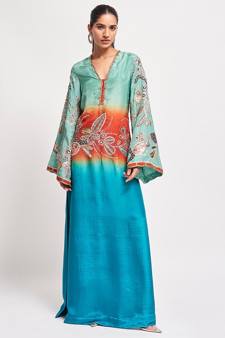 Capri Blue Ombre Habutai Silk Applique Embellished Gown by Aisha Rao