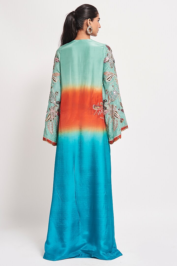 Capri Blue Ombre Habutai Silk Applique Embellished Wedding Gown by Aisha Rao at Pernia's Pop Up Shop