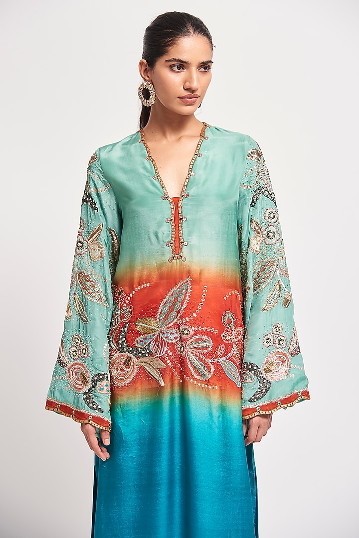 Capri Blue Ombre Habutai Silk Applique Embellished Wedding Gown by Aisha Rao at Pernia's Pop Up Shop