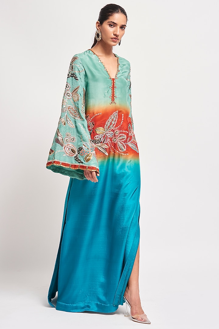 Capri Blue Ombre Habutai Silk Applique Embellished Wedding Gown by Aisha Rao at Pernia's Pop Up Shop