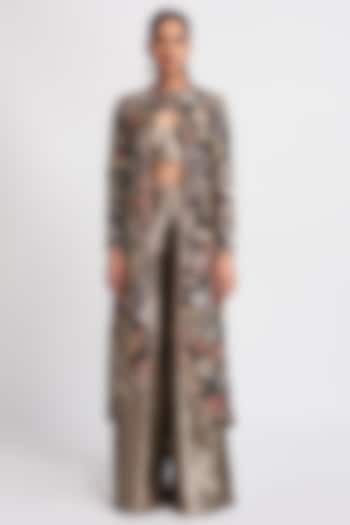 Black Chanderi Silk Applique Embellished Jacket Set by Aisha Rao at Pernia's Pop Up Shop