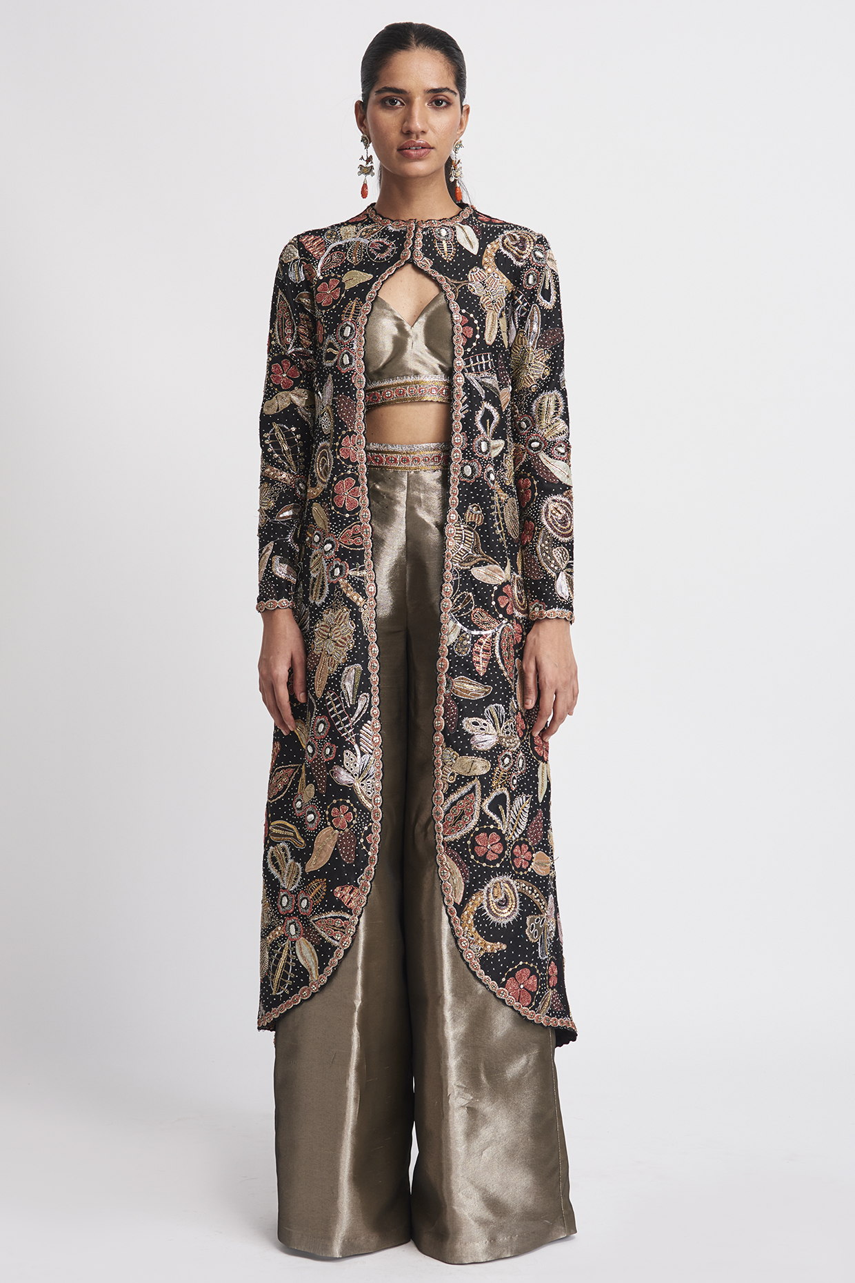 Black Chanderi Silk Applique Embellished Jacket Set by Aisha Rao at Pernia's Pop Up Shop
