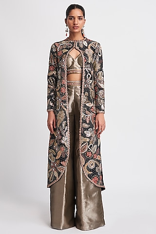 Black Chanderi Silk Applique Embellished Jacket Set by Aisha Rao