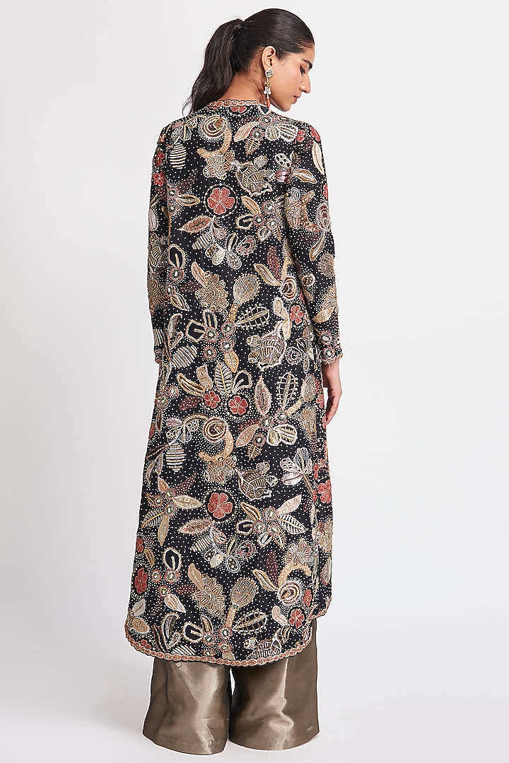 Black Chanderi Silk Applique Embellished Jacket Set by Aisha Rao at Pernia's Pop Up Shop