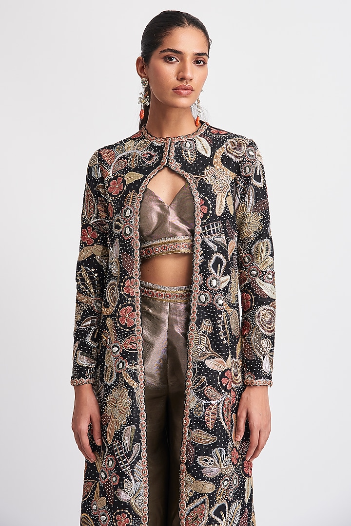 Black Chanderi Silk Applique Embellished Jacket Set by Aisha Rao at Pernia's Pop Up Shop