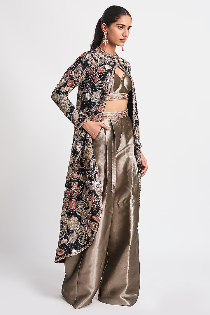 Black Chanderi Silk Applique Embellished Jacket Set by Aisha Rao at Pernia's Pop Up Shop
