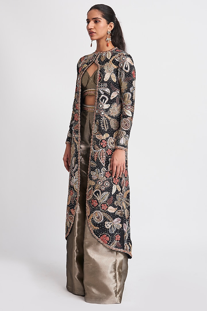 Black Chanderi Silk Applique Embellished Jacket Set by Aisha Rao at Pernia's Pop Up Shop