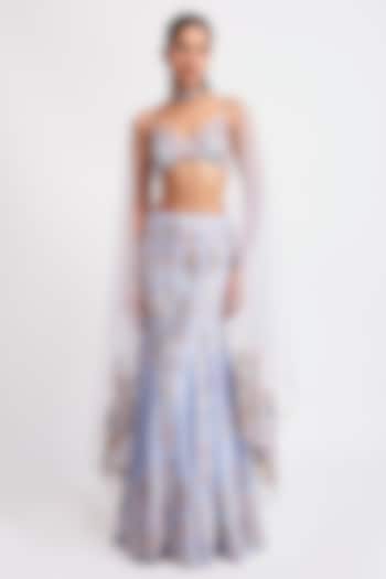 Livid Blue Tulle Applique Embellished Mermaid Bridal Lehenga Set by Aisha Rao at Pernia's Pop Up Shop