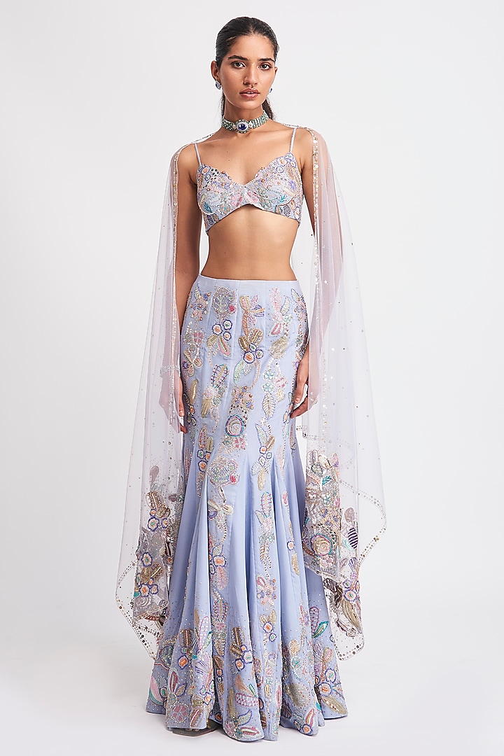 Livid Blue Tulle Applique Embellished Mermaid Bridal Lehenga Set by Aisha Rao at Pernia's Pop Up Shop