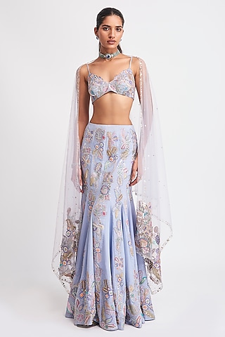 Livid Blue Tulle Applique Embellished Mermaid Lehenga Set by Aisha Rao