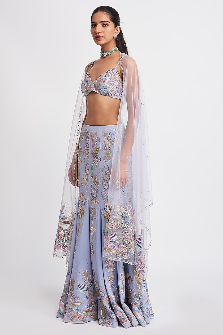 Livid Blue Tulle Applique Embellished Mermaid Bridal Lehenga Set by Aisha Rao at Pernia's Pop Up Shop