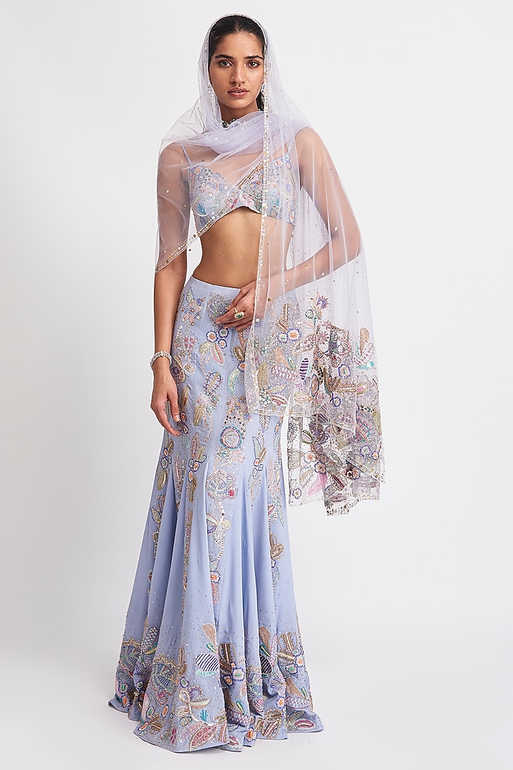 Livid Blue Tulle Applique Embellished Mermaid Bridal Lehenga Set by Aisha Rao at Pernia's Pop Up Shop
