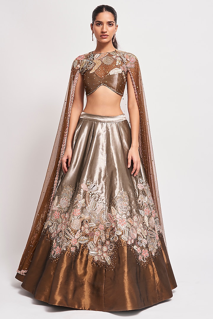 Copper Metallic Tissue Applique Embellished Bridal Lehenga Set by Aisha
