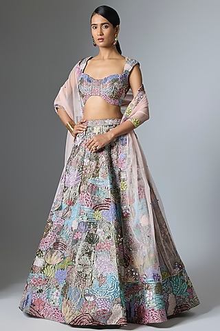 Grey Tissue Embellished Lehenga Set by Aisha Rao