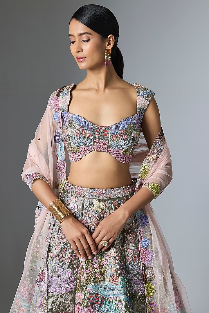 Grey Tissue Embellished Bridal Lehenga Set by Aisha Rao at Pernia's Pop Up Shop