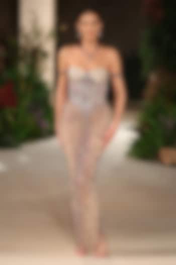 Champange Banarasi Tissue Brocade Embellished Corset Bridal Gown by Aisha Rao at Pernia's Pop Up Shop