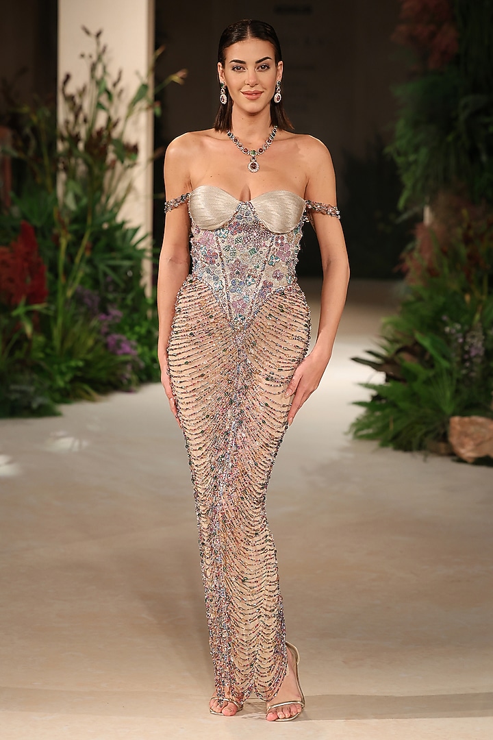 Champange Banarasi Tissue Brocade Embellished Corset Bridal Gown by Aisha Rao at Pernia's Pop Up Shop