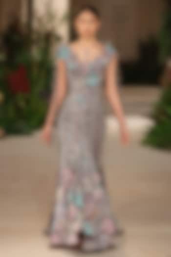 Grey Organza 3D Floral Embellished Off-Shoulder Bridal Gown by Aisha Rao at Pernia's Pop Up Shop