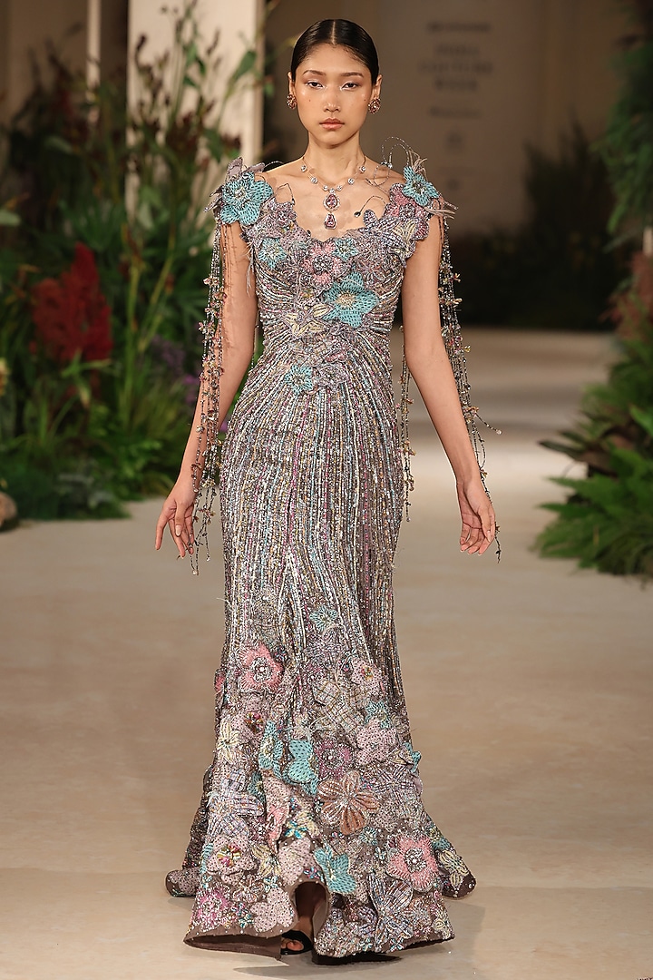 Grey Organza 3D Floral Embellished Off-Shoulder Bridal Gown by Aisha Rao at Pernia's Pop Up Shop