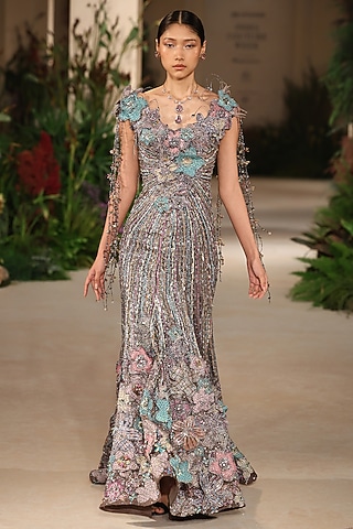 Grey Organza 3D Floral Embellished Off-Shoulder Gown by Aisha Rao