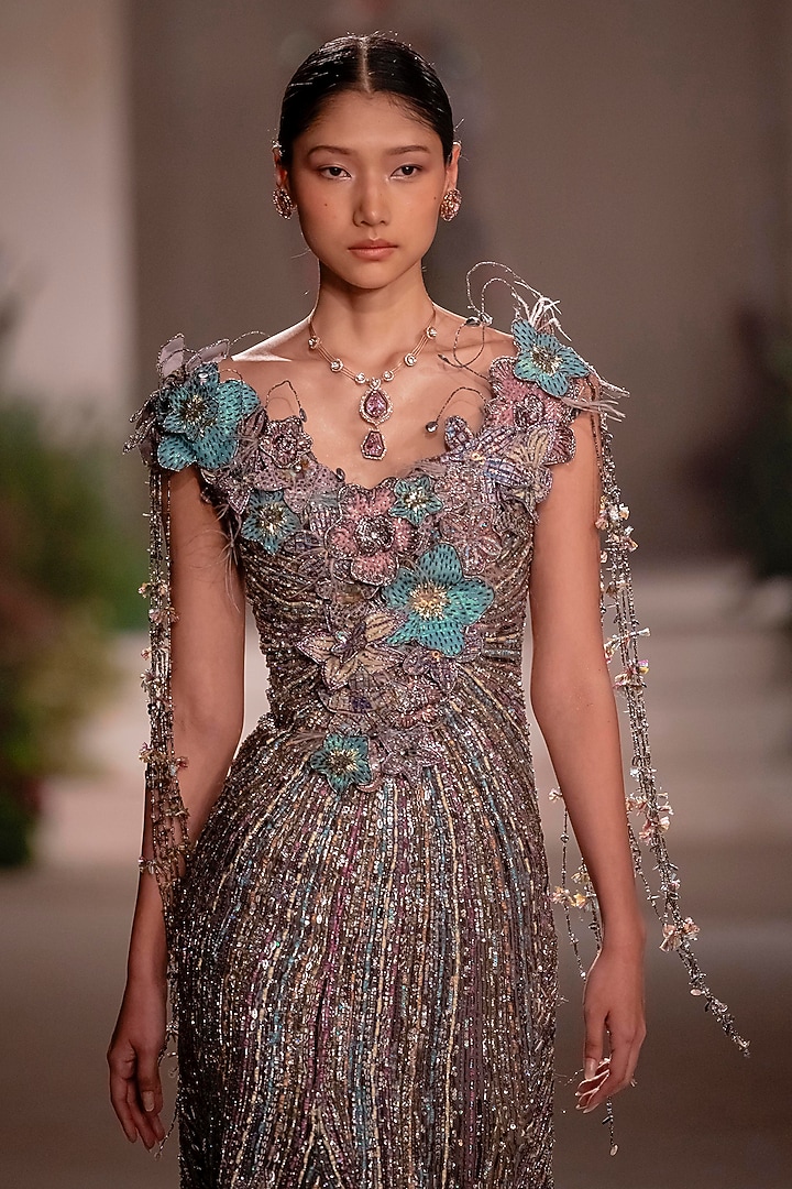 Grey Organza 3D Floral Embellished Off-Shoulder Bridal Gown by Aisha Rao at Pernia's Pop Up Shop