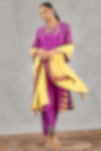 Purple Chanderi Stripe Printed & Thread Embroidered Kurta Set by Shivani Bhargava at Pernia's Pop Up Shop