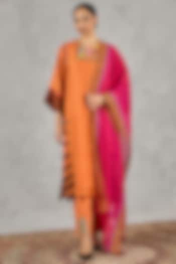 Orange Chanderi Stripe Printed & Thread Embroidered Kurta Set by Shivani Bhargava at Pernia's Pop Up Shop