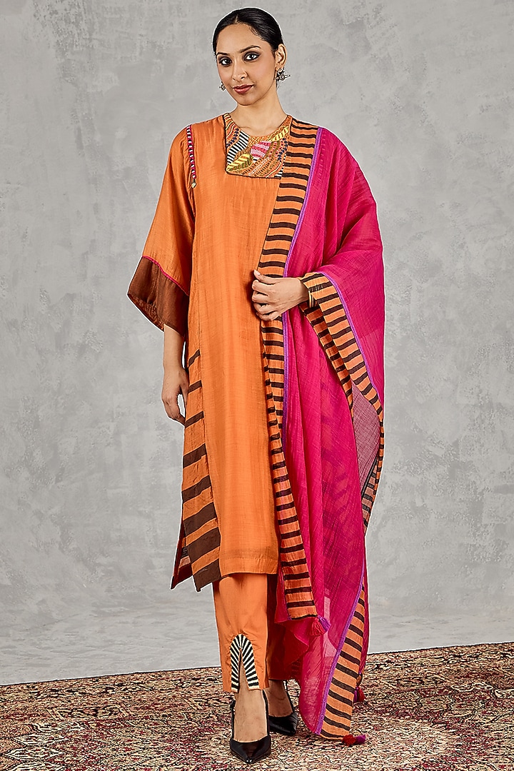 Orange Chanderi Stripe Printed & Thread Embroidered Kurta Set by Shivani Bhargava at Pernia's Pop Up Shop