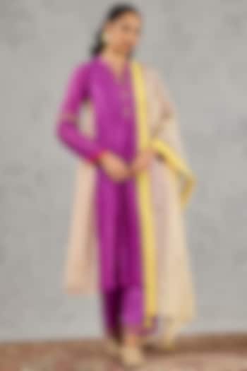 Purple Chanderi Handblock Printed & Embroidered Kurta Set by Shivani Bhargava at Pernia's Pop Up Shop