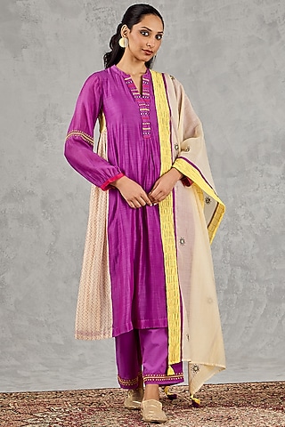 Purple Chanderi Handblock Printed & Embroidered Kurta Set by Shivani Bhargava