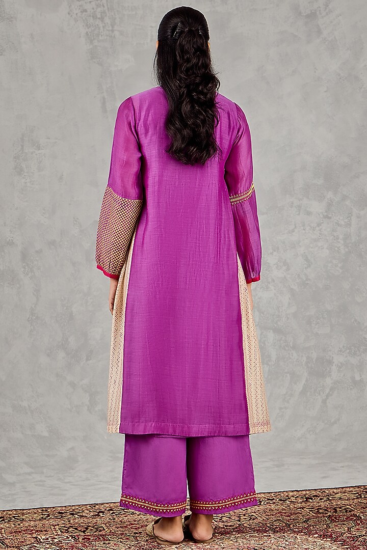 Purple Chanderi Handblock Printed & Embroidered Kurta Set by Shivani Bhargava at Pernia's Pop Up Shop