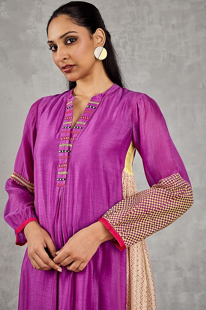 Purple Chanderi Handblock Printed & Embroidered Kurta Set by Shivani Bhargava at Pernia's Pop Up Shop