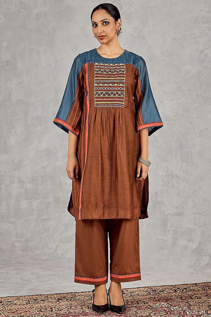 Brown & Blue Chanderi Handblock Printed Color-Blocked Kurta Set by Shivani Bhargava at Pernia's Pop Up Shop